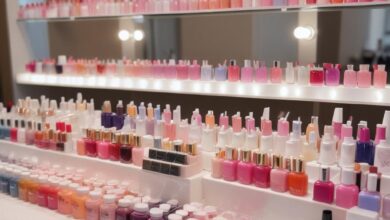 Ассортимент профессиональных средств и оборудования для ногтевого сервиса: гели, гель-лаки, базы, топы, акрил