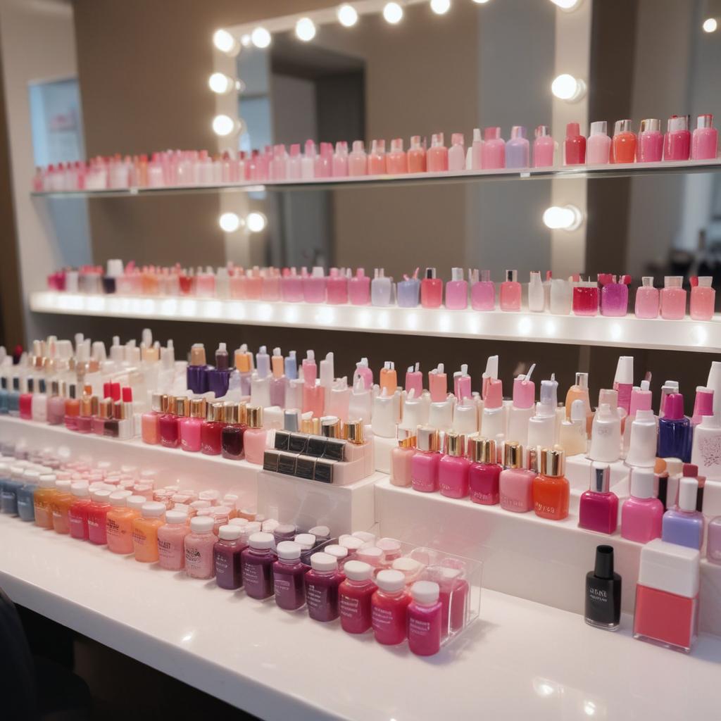 Ассортимент профессиональных средств и оборудования для ногтевого сервиса: гели, гель-лаки, базы, топы, акрил